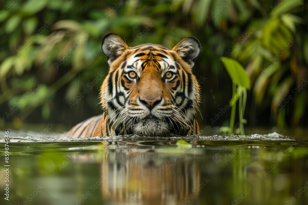 Majestic Tiger Emerging from Water in Lush Rainforest Majestic Tiger Emerging from Water in Lush Rainforest