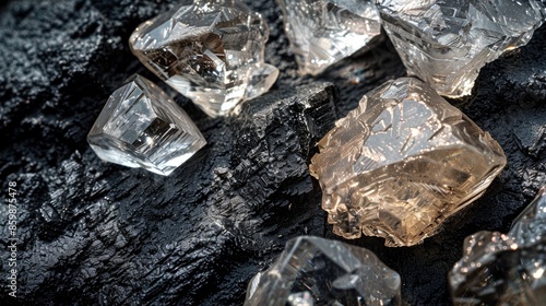 Close up view of natural uncut diamonds on black surface