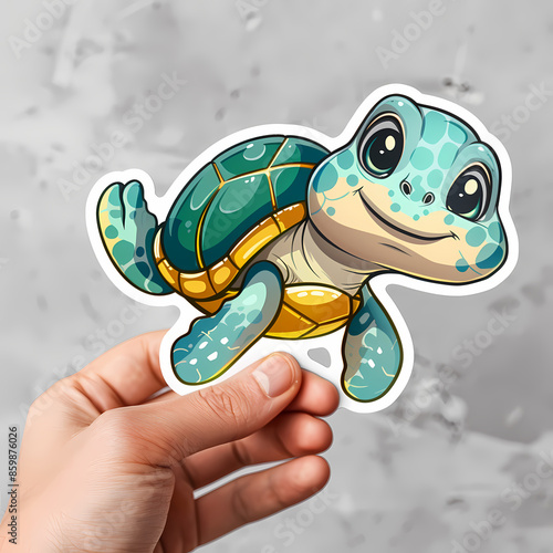 Cute turtle on a White Canvas Sticker. photo