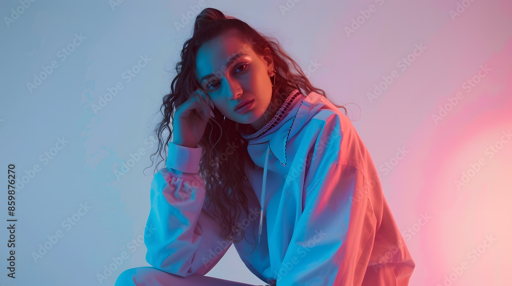 Fashion shot Beautiful young girl in modern casual clothes posing at studio Full length portrait : Generative AI Fashion shot Beautiful young girl in modern casual clothes posing at studio Full length portrait : Generative AI