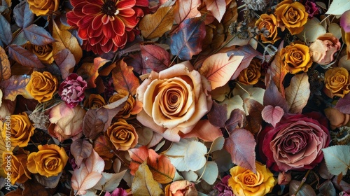 Fototapeta Naklejka Na Ścianę i Meble -  Artistic arrangement of dried roses meadow flowers and leaves in a fall bouquet Top view with floral background and room for text