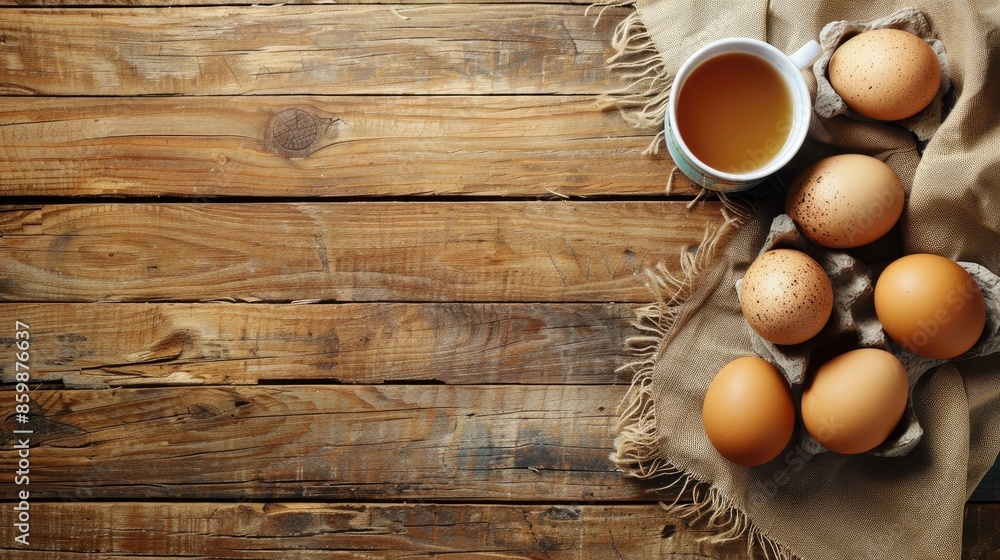 Brown Eggs and cup on wooden surface viewed from above with empty space Brown Eggs and cup on wooden surface viewed from above with empty space