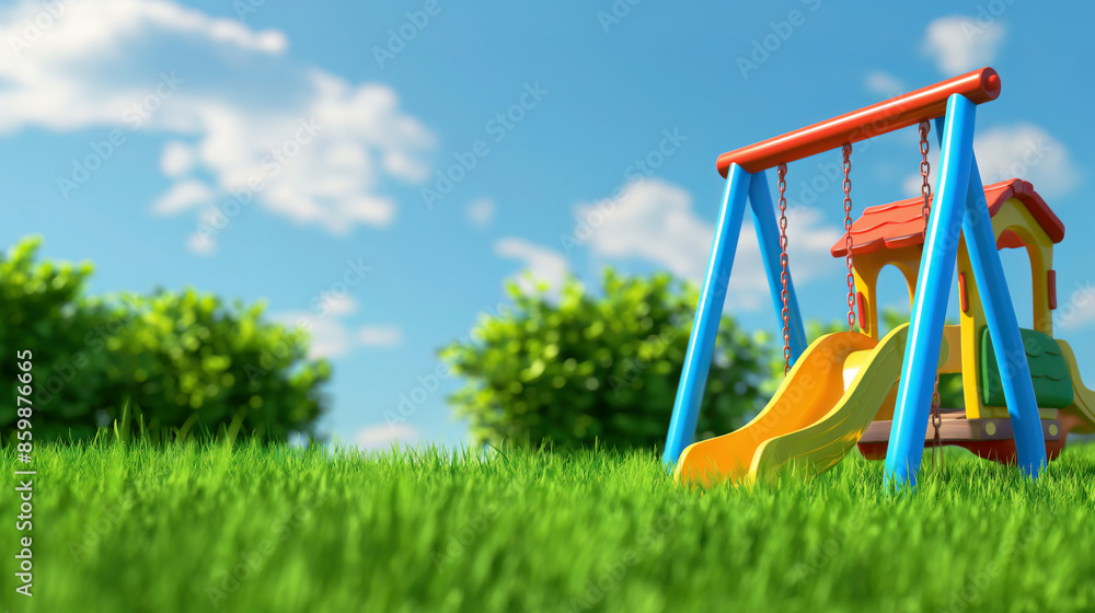 playground in the middle of the grassland. 3D illustration style playground in the middle of the grassland. 3D illustration style