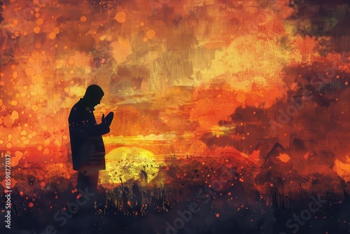 silhouette of man praying at sunset digital art illustrating faith and spirituality © Lucija