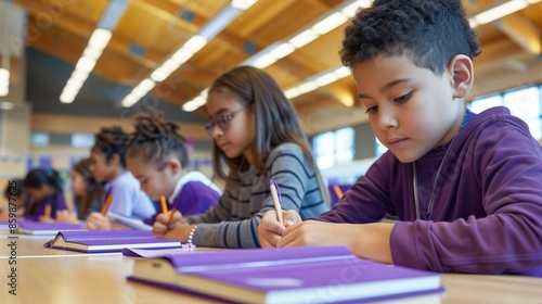 Back to School: Students Writing in Purple Journals, Focused and Attentive, Modern Classroom Design, Warm Lighting