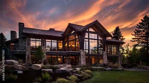 Panoramic View of Luxury Home with Colorful Sunset Sky