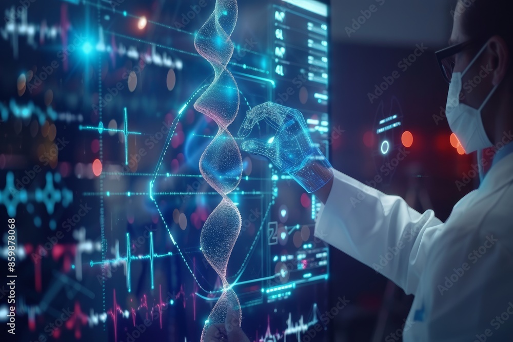 The scientist conducts DNA research, the science of molecules and atoms, genetics and biotechnology. The scientist conducts DNA research, the science of molecules and atoms, genetics and biotechnology.
