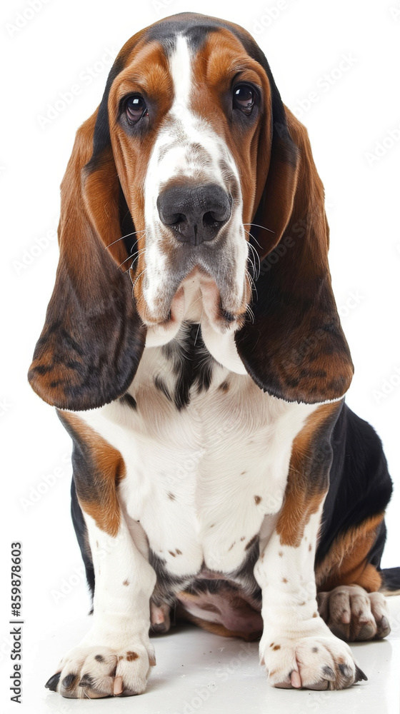 A serious dog with a big floppy ear and a black nose is sitting on a white background A serious dog with a big floppy ear and a black nose is sitting on a white background