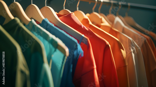 Wallpaper Mural Choice of fashion clothes of different colors on wooden hangers : Generative AI Torontodigital.ca