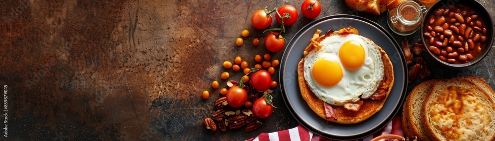 A delicious breakfast of eggs, bacon, and beans on a rustic table. A delicious breakfast of eggs, bacon, and beans on a rustic table.