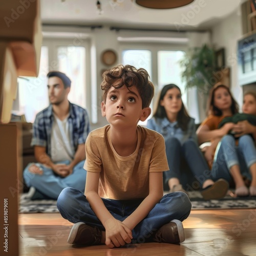 Young Boy Sitting on Floor Looking Up