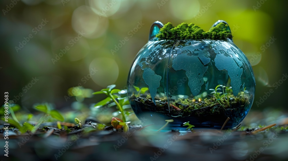 Green economy and Earth protection embodied in a blue piggy bank Green economy and Earth protection embodied in a blue piggy bank