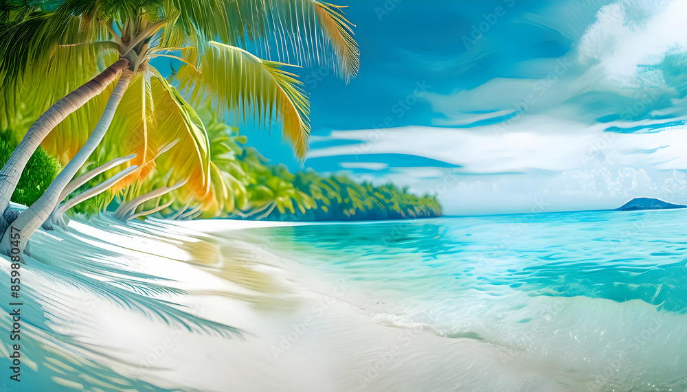 dreamlike tropical beach scene with lush palm trees and clear blue water. vibrantly colored painting of a tropical paradise with tall palm trees and crashing waves. dreamlike tropical beach scene with lush palm trees and clear blue water. vibrantly colored painting of a tropical paradise with tall palm trees and crashing waves.
