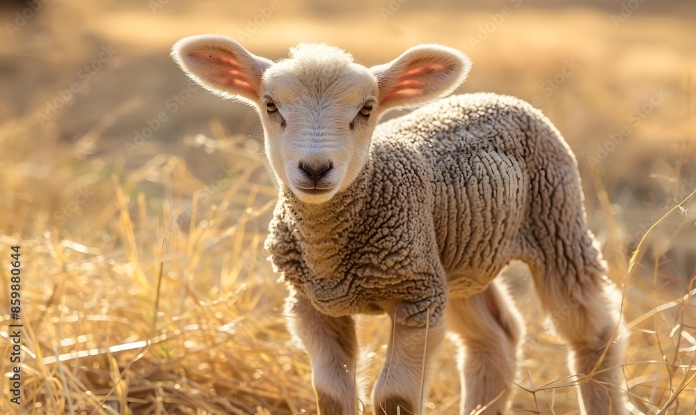 Fototapeta premium young lamb in a field on dry grass symbolizing agriculture, Generative AI