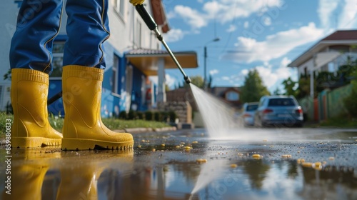 Close up of man in blue overalls and rubber boots using high pressure water to clean the driveway of house, Cleaning company.