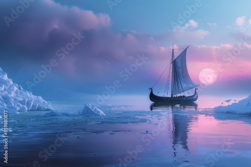 A boat sails on a calm sea with a pink and purple sky in the background generated by AI