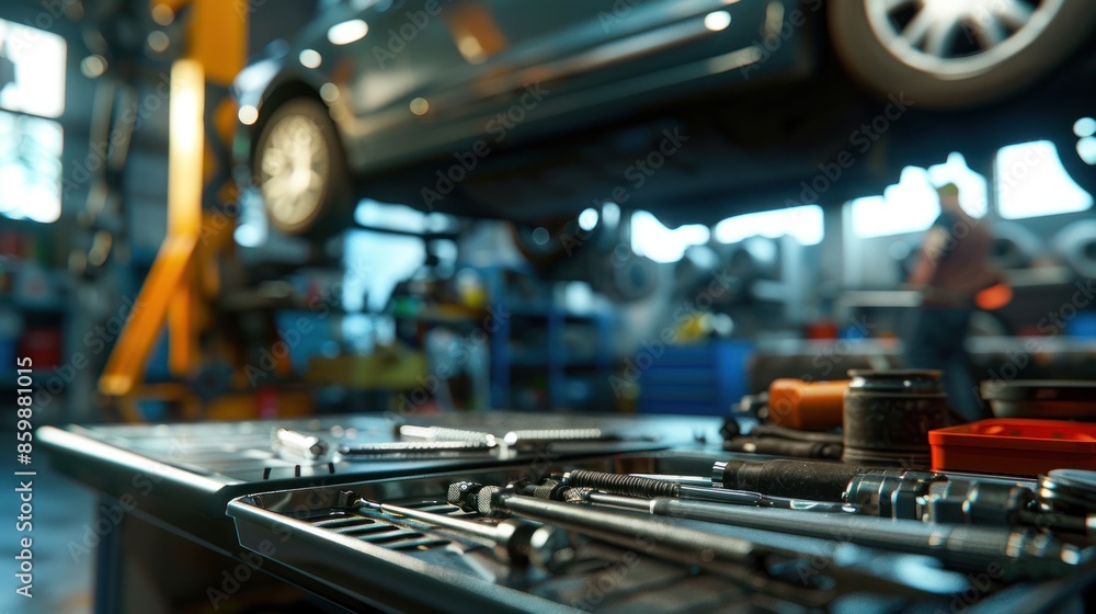 Fototapeta premium Car service, close-up of tools on the counter and auto mechanic working under a car in the background.