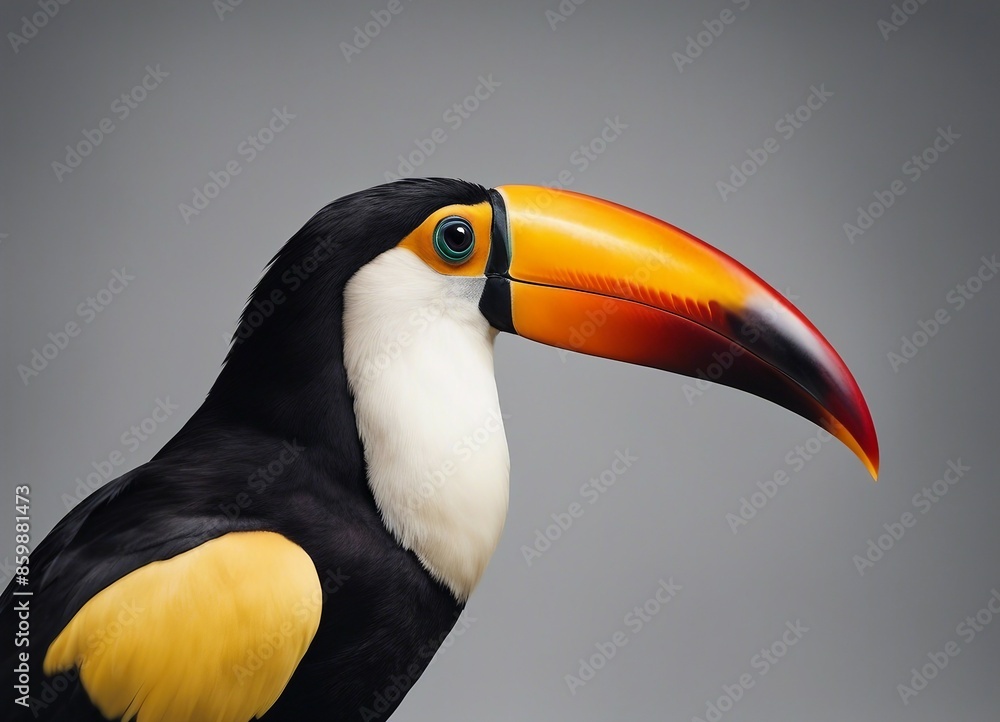 A toucan, a tropical bird with a large, colorful beak, is perched against a gray background A toucan, a tropical bird with a large, colorful beak, is perched against a gray background