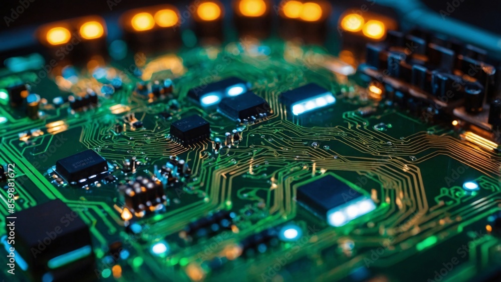 macro, Electronic circuit board with processor, intricate network of components, technological marvel macro, Electronic circuit board with processor, intricate network of components, technological marvel