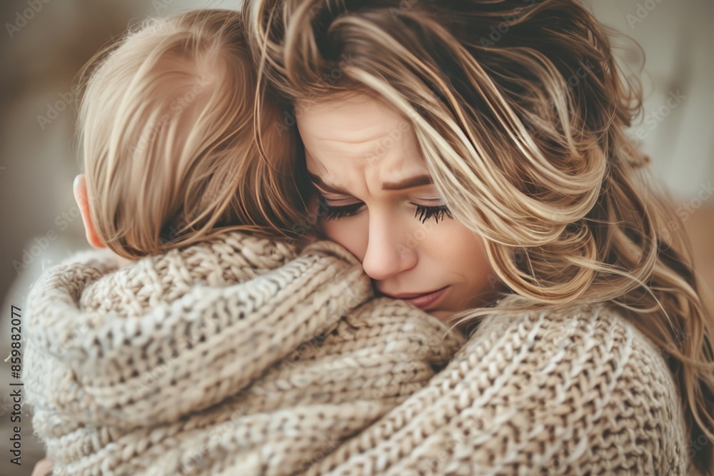 Excited woman embracing frightened child with love and joy in heartwarming moment Excited woman embracing frightened child with love and joy in heartwarming moment