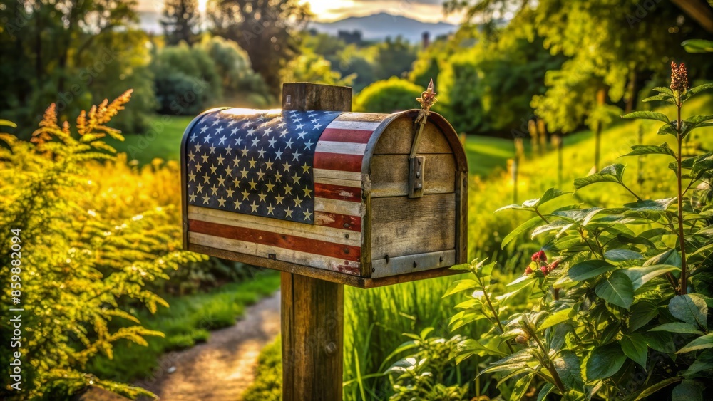 Rustic wooden mailbox with worn metal flag and lush greenery surrounding it on a sunny rural afternoon scene. Rustic wooden mailbox with worn metal flag and lush greenery surrounding it on a sunny rural afternoon scene.