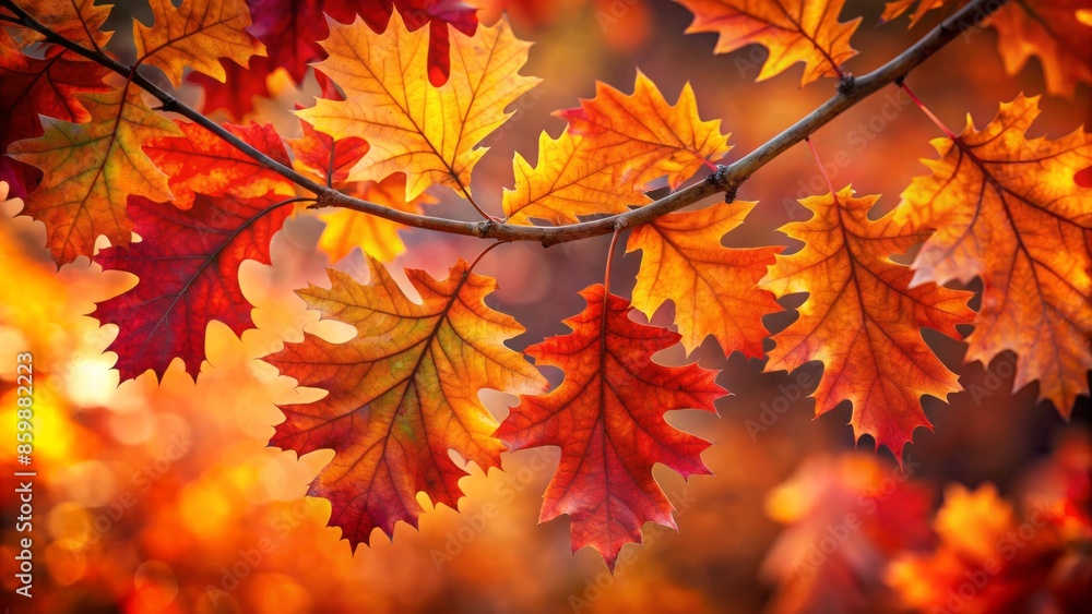 Vibrant oak leaves in shades of golden orange and crimson rest against a blurred, warm-toned autumnal background of deep red hues. Vibrant oak leaves in shades of golden orange and crimson rest against a blurred, warm-toned autumnal background of deep red hues.