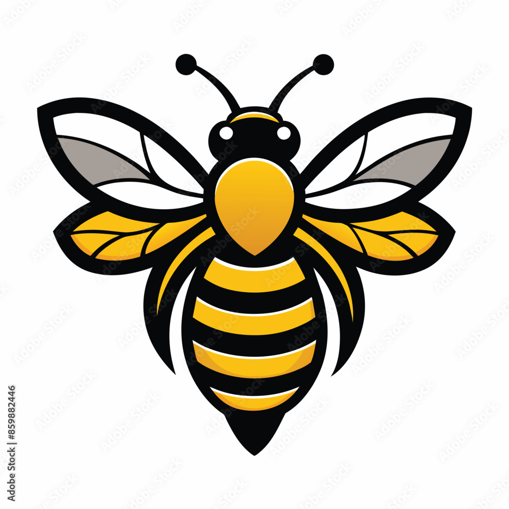 A cartoon illustration of a honeybee with yellow and black stripes, outstretched wings, and a white background. A cartoon illustration of a honeybee with yellow and black stripes, outstretched wings, and a white background.