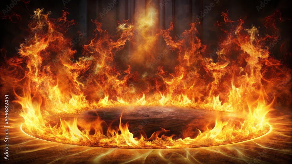 Blazing inferno surrounds a solitary figureless space, with flames dancing in synchronized harmony, evoking an aura of contained, mystical power. Blazing inferno surrounds a solitary figureless space, with flames dancing in synchronized harmony, evoking an aura of contained, mystical power.