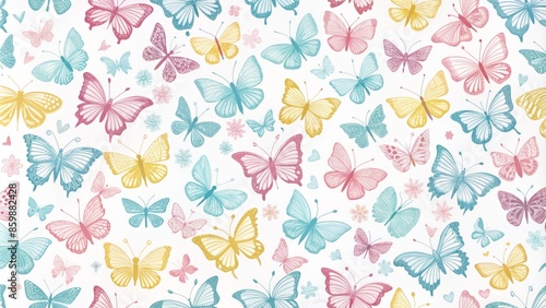 Colorful whimsical seamless pattern featuring delicate butterfly silhouettes in shades of pastel pink, blue, and yellow on white background.