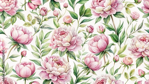 Delicate watercolor floral pattern featuring soft pink peonies on white background, ideal for fabric, wallpaper, and home decor applications.