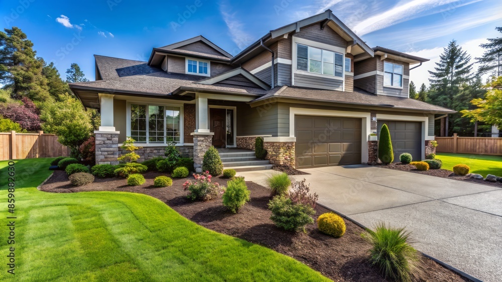 Front yard of newly built modern house with well-manicured lawn, sidewalk, and driveway, awaiting final inspection and possession. Front yard of newly built modern house with well-manicured lawn, sidewalk, and driveway, awaiting final inspection and possession.