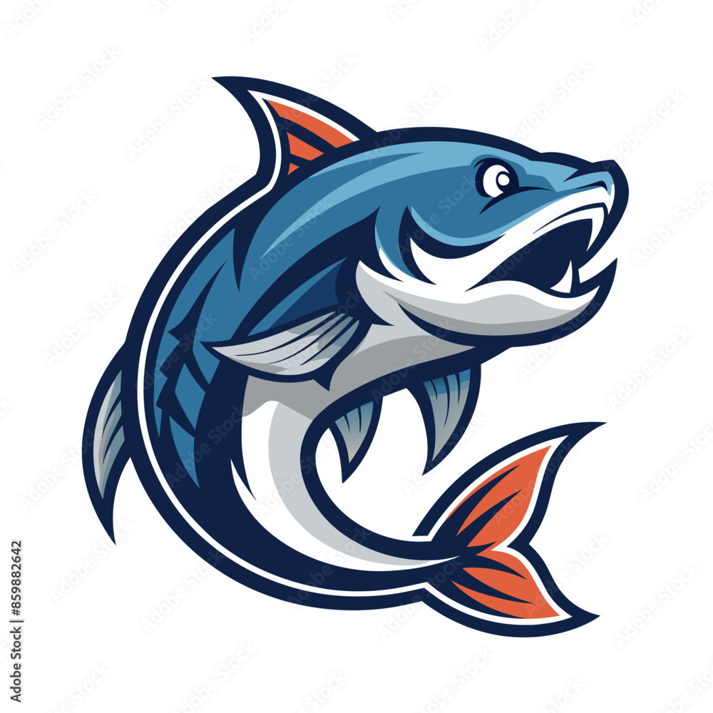Obraz premium A cartoon illustration of a blue and red fish, with a large mouth open wide, in a jumping or leaping pose. The fish is isolated on a white background.