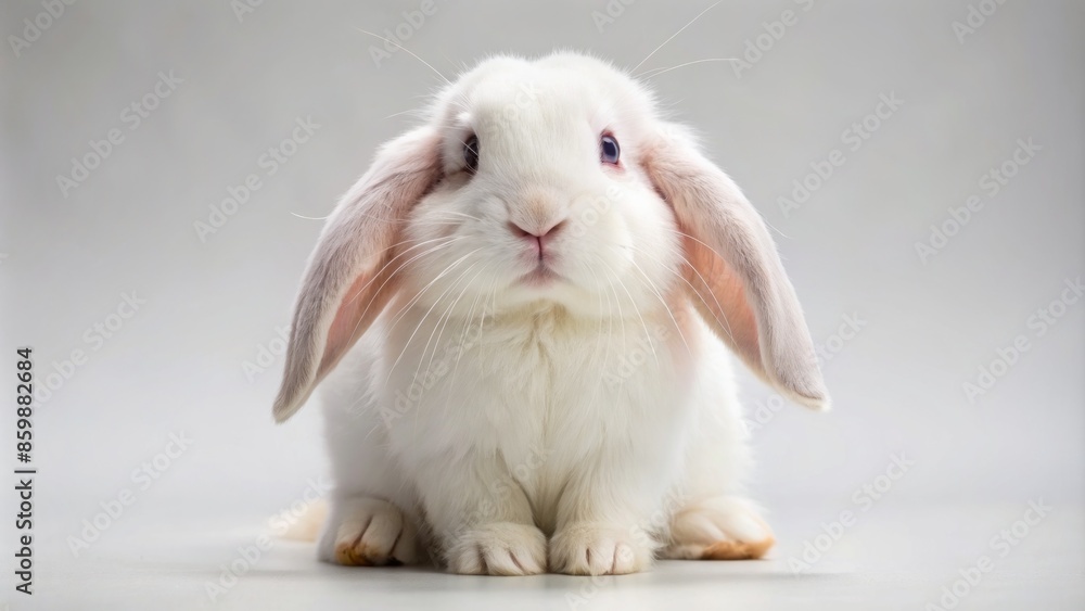 Adorable baby white holland lop rabbit with cute twitching nose sits peacefully on a clean white studio background alone. Adorable baby white holland lop rabbit with cute twitching nose sits peacefully on a clean white studio background alone.