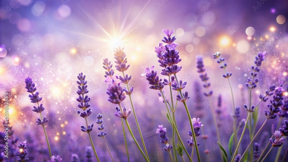 Obraz premium Softly lit, serene lavender background complements delicate, radiant beauty elements, showcasing flawless, glowing skin in a peaceful, idyllic atmosphere.