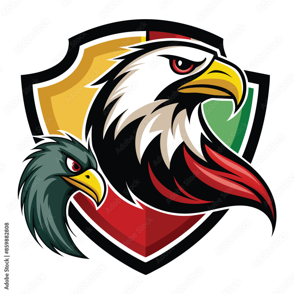 This is a mascot logo featuring an eagle and a hawk inside a shield with colorful details and a white background. This is a mascot logo featuring an eagle and a hawk inside a shield with colorful details and a white background.