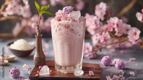 A refreshing pink drink with cherry blossoms and ice. © DudeDesignStudio