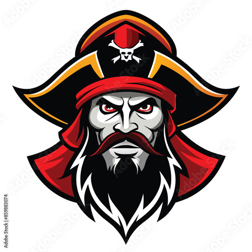 An illustration of a pirate captain wearing a black hat with a skull and crossbones, a red bandana, and a long black beard.