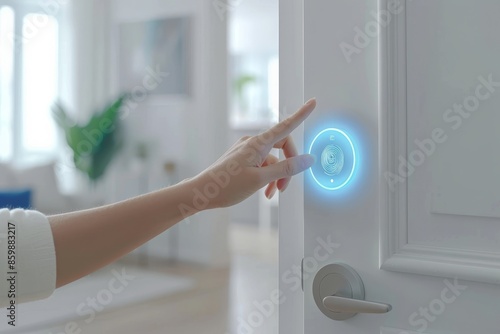 Unlocking the door lock using a fingerprint scanner. © Aleksandr