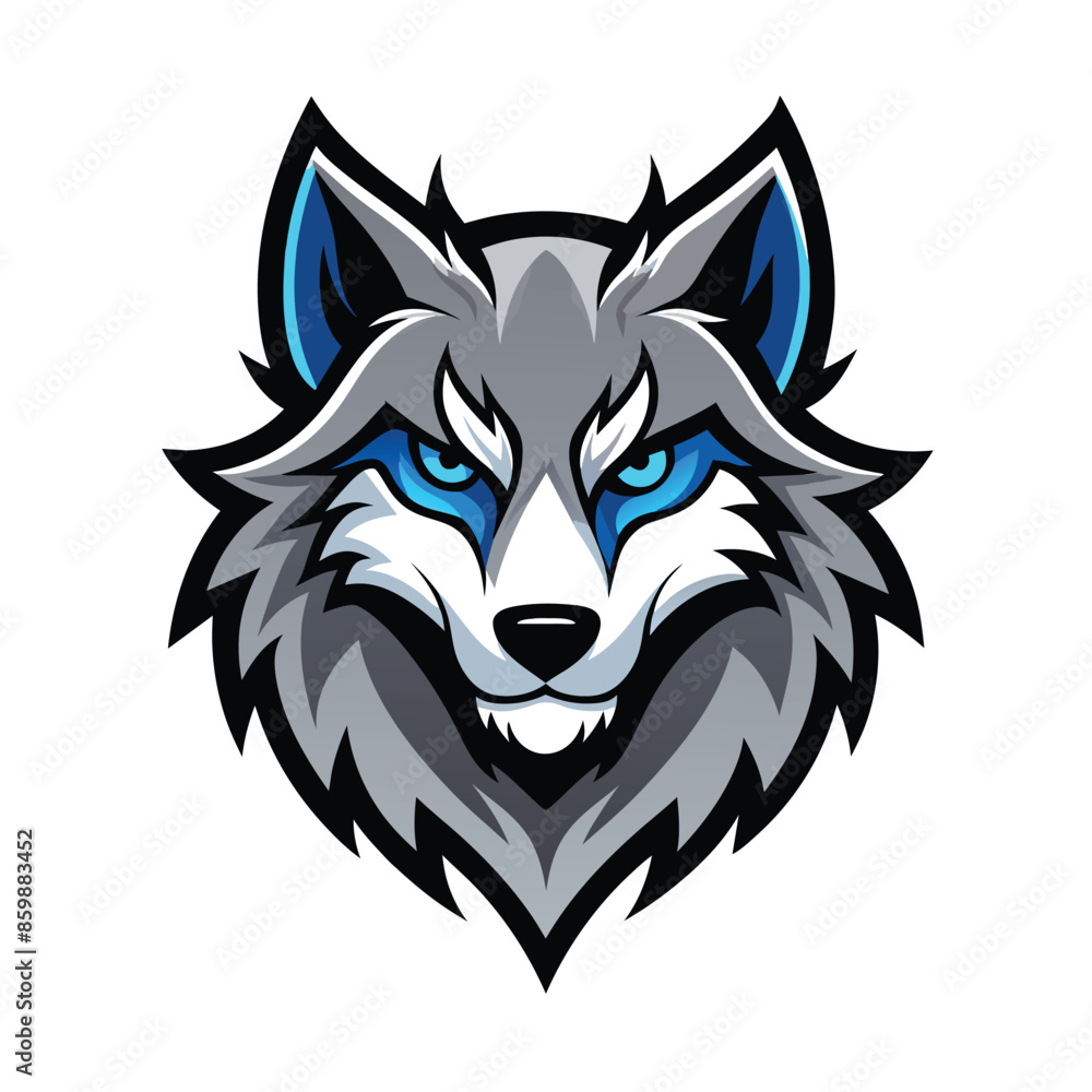 Fototapeta premium This is a vector illustration of a gray wolfs face. The wolf has blue eyes and a black outline.