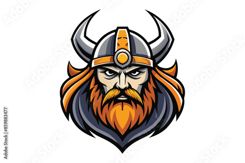 A cartoon illustration depicting the head of a Viking warrior, sporting a horned helmet and a large, bushy beard.