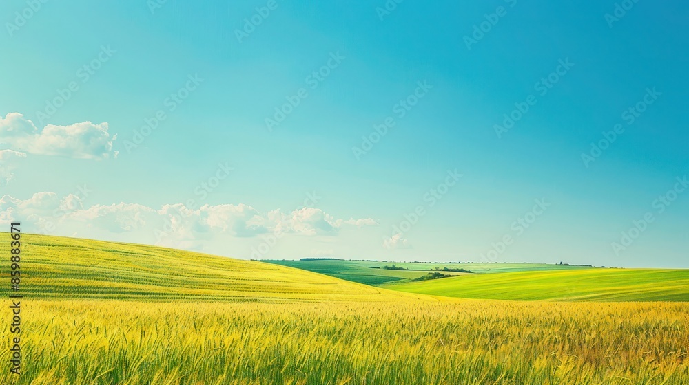 Countryside Charm: A peaceful countryside scene with rolling hills, fields of golden wheat, and a clear blue sky. Plenty of space in the fields or sky for text overlay. Countryside Charm: A peaceful countryside scene with rolling hills, fields of golden wheat, and a clear blue sky. Plenty of space in the fields or sky for text overlay.