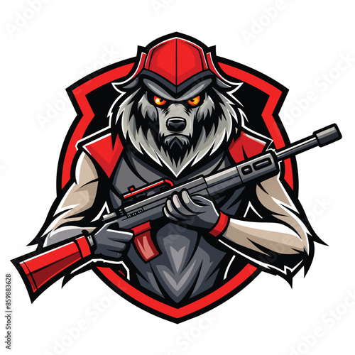 A digital illustration of a wolf soldier holding a red and black assault rifle with a red shield behind him.