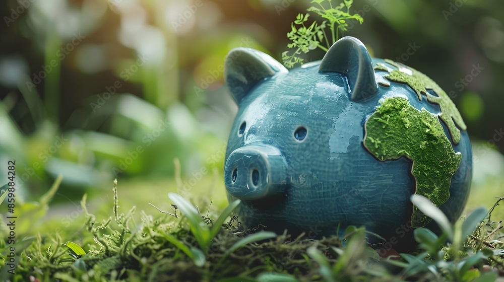 Eco-conscious blue piggy bank supporting green economic initiatives and planet care Eco-conscious blue piggy bank supporting green economic initiatives and planet care