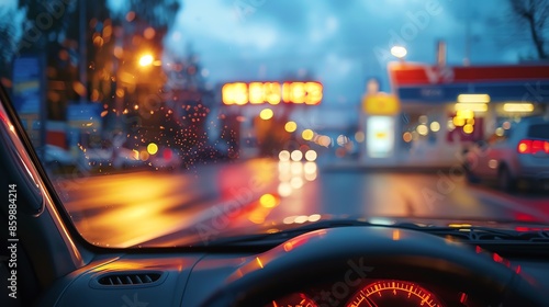 Close-up of a dashboard with low fuel warning light, reflecting high prices on gas station sign through the windshield