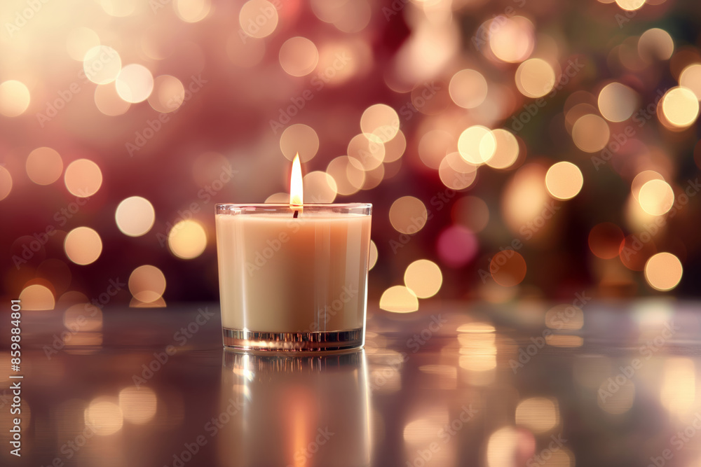 A Christmas scented candle casting a warm golden light against a dark red background, creating a cozy holiday atmosphere. A Christmas scented candle casting a warm golden light against a dark red background, creating a cozy holiday atmosphere.