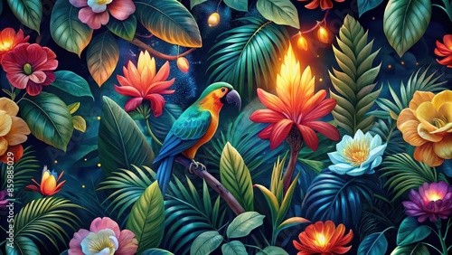 Fototapeta Naklejka Na Ścianę i Meble -  Bright tropical seamless pattern with peonies and parrots weaving together on a dark background , tropical, seamless, pattern, peonies, parrots, bright, flowers, birds, weaving