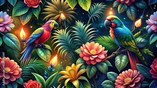 Fototapeta Naklejka Na Ścianę i Meble -  Bright tropical seamless pattern with peonies and parrots weaving together on a dark background , tropical, seamless, pattern, peonies, parrots, bright, flowers, birds, weaving
