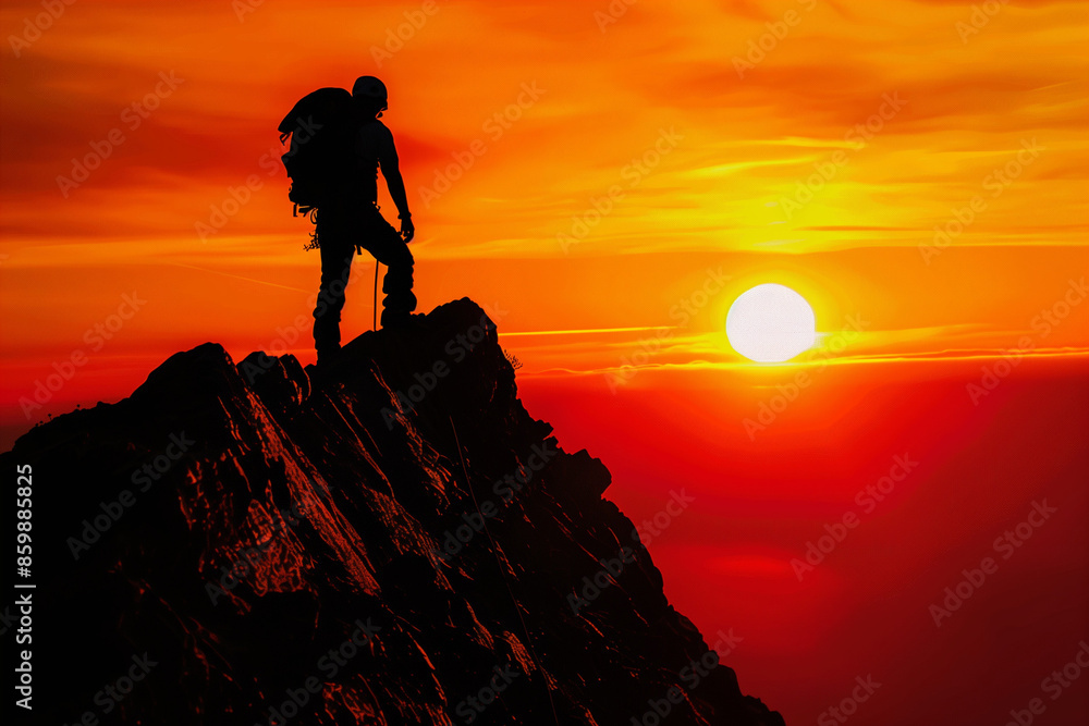 Fototapeta premium Triumphant Hiker Standing on Mountain Summit at Sunrise, Gazing into the Horizon