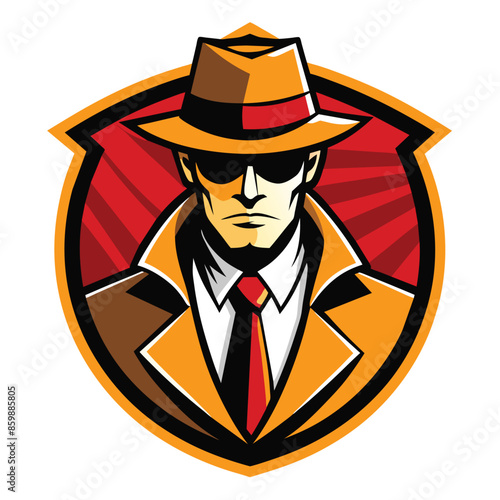 This is a digital illustration of a man wearing a fedora, sunglasses, and trench coat. He is looking straight ahead with a serious expression. The image has a vintage detective feel.