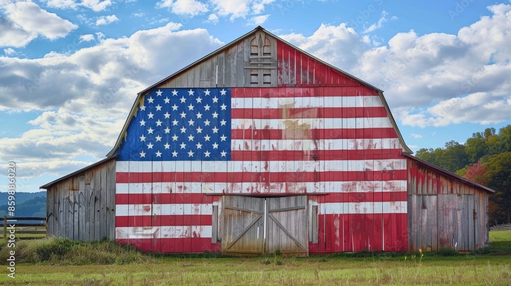 A large American flag painted on the side of a barn, symbolizing rural American pride A large American flag painted on the side of a barn, symbolizing rural American pride